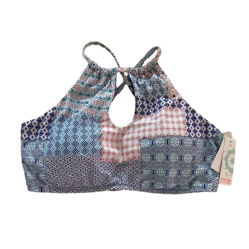 Swim Systems swim top high neck bikini strappy back Medium blue NWT